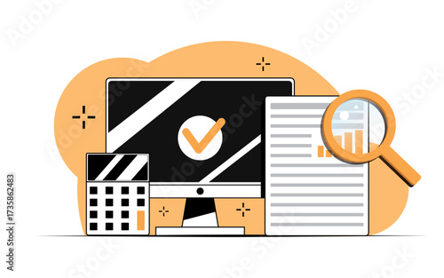 Data Analysis and Business Document Verification on Computer Screen,Online Report illustration concept