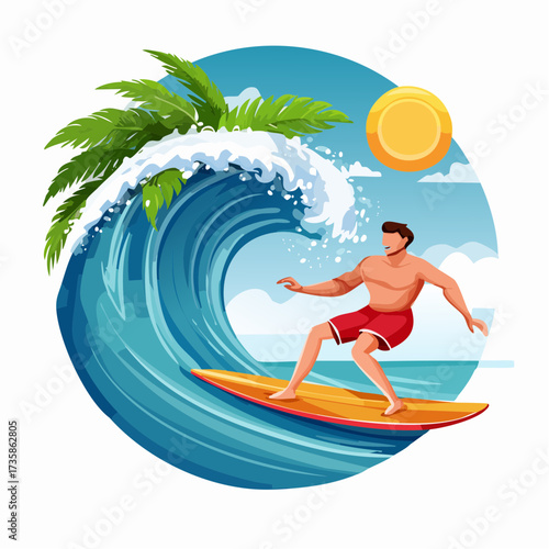 Illustration of a man surfing on a large ocean wave with palm trees and a bright sun in the background.
