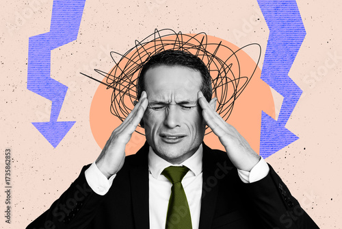 Obraz na plátně Banner image photo collage of upset businessman cry headache arrow decline stati