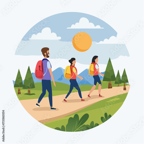 A family of three enjoys a scenic hike through a lush green landscape under a bright sun.