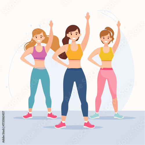 Three smiling women in athletic wear performing a synchronized fitness routine with raised arms.