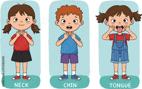 Cartoon children identifying body parts with labels, vector illustration for anatomy learning, classroom education, child development, and preschool teaching themes