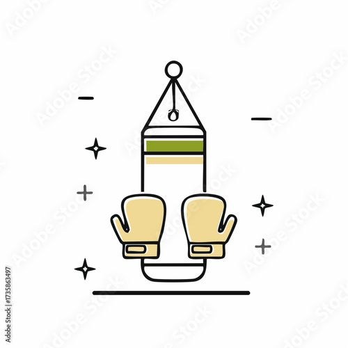A minimalist line art icon of a punching bag and a pair of boxing gloves for combat sports.