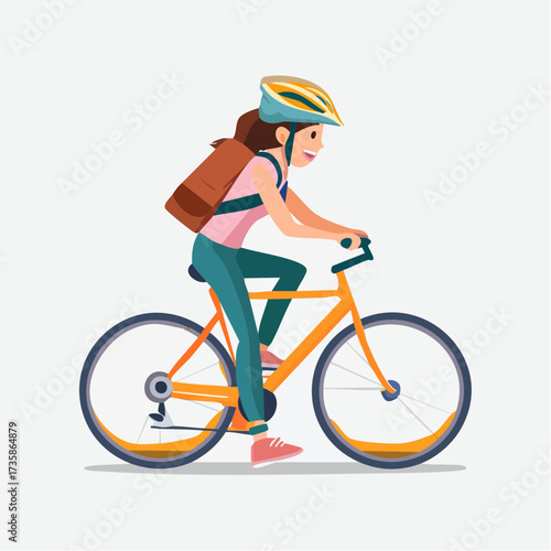 A woman wearing a helmet and backpack rides a bicycle on a sunny day.