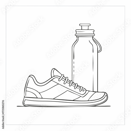 Line art illustration of a running shoe and a reusable water bottle, symbolizing fitness and active lifestyle.
