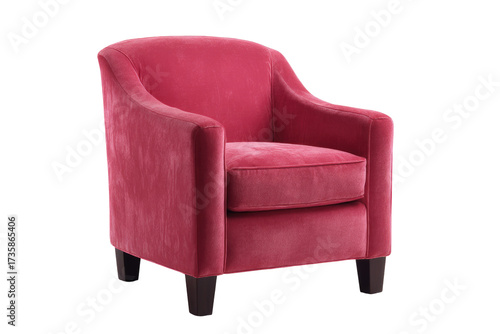 A comfortable, stylish single armchair upholstered in rich, deep pink velvet fabric, featuring a classic design and dark wooden legs. background removed