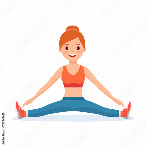 A happy young woman in sportswear doing a seated straddle stretch, isolated on a white background.