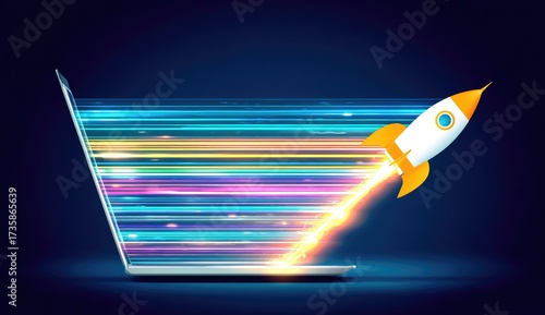 Futuristic laptop with a rocket launching from it, filled with vibrant colored light trails