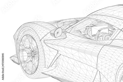 Sport car wireframe on white background reveals detailed chassis structure, aerodynamic contours, and sleek design elements. This technical illustration highlights modern automotive engineering.