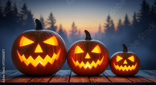 Halloween Pumpkins Spooky Jack-o'-Lanterns on Wood Table at Dusk