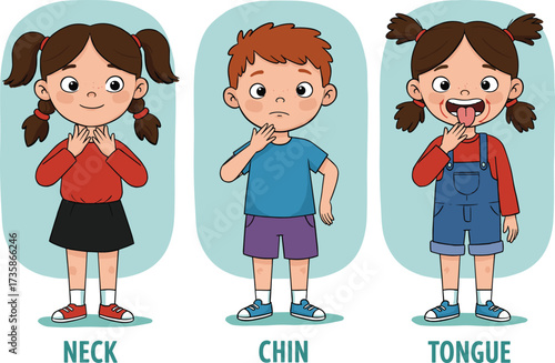 Cartoon children pointing to body parts illustration for educational use, anatomy learning, preschool teaching, kids health awareness, vector art
