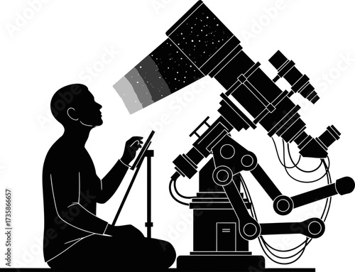 mind observes infinite stars, guided by robotic lens and digital thought
