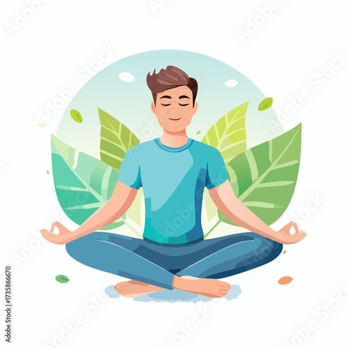 A man meditating peacefully in a lotus position surrounded by lush green leaves and a soft, light blue background.