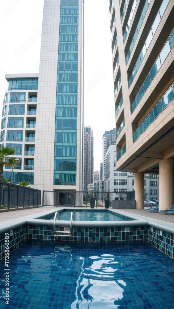 Naklejka premium Urban Oasis: Swimming Pool with Cityscape Views in a Modern Apartment Complex.