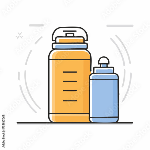 A large yellow water jug and a smaller blue sports bottle, depicted in a modern flat line art illustration style.