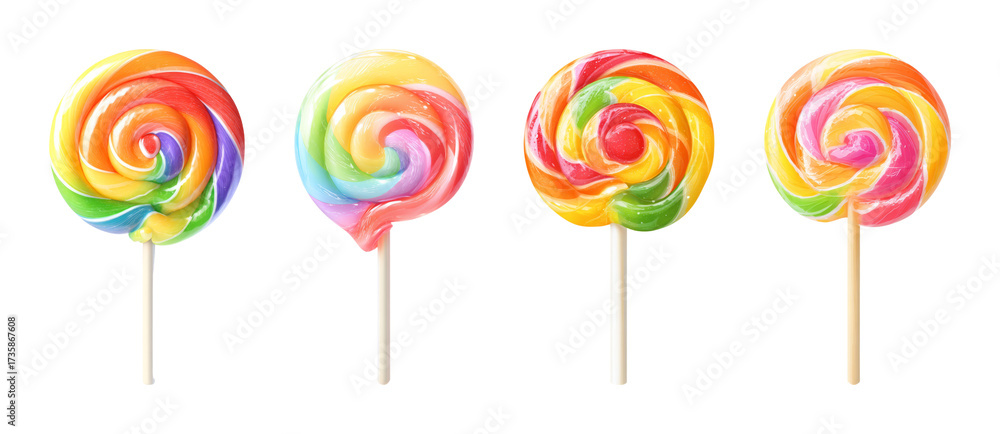 Obraz premium Colorful swirl lollipops on black background, sweet candy art, isolated confection treats PNG set Transparent backround