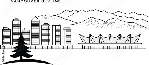 Vancouver Skyline City Outline Buildings Stadium Mountains Nature Tree Transparent