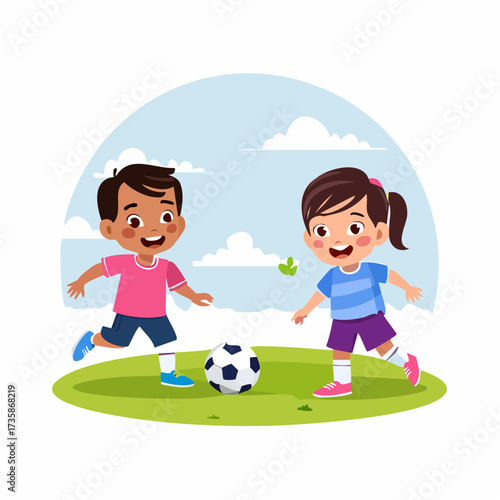 Two happy cartoon children, a boy and a girl, playing soccer together on a green field outdoors.