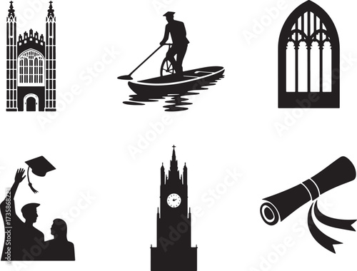 Cambridge Education Icon Set Silhouette, College Building, Graduate Symbol Graphic Vector