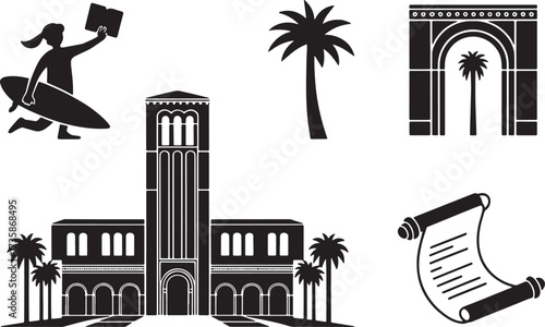 Southern California Silhouette Icon Set Palm Trees Surfboard Architecture isolated Art