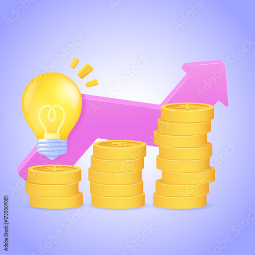 Stack of coins with growing arrow and light bulb, idea, startup, profit increase, stocks, cryptocurrency, creative business concept, 3d vector illustration. Isolated plastic cartoon vector icon.