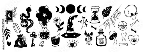 Magic, Mysticism, Ritual Witch Objects and Symbol Hand Textured Doodle Drawing Set. Isolated Vector black occult sketch Potion, Elixir, Mushroom, Book, Key, Feather, Crystal and all-seeing Eye. Not AI