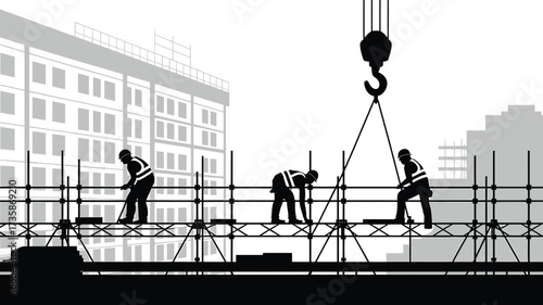 Construction Workers Scaffolding Building Vector Illustration