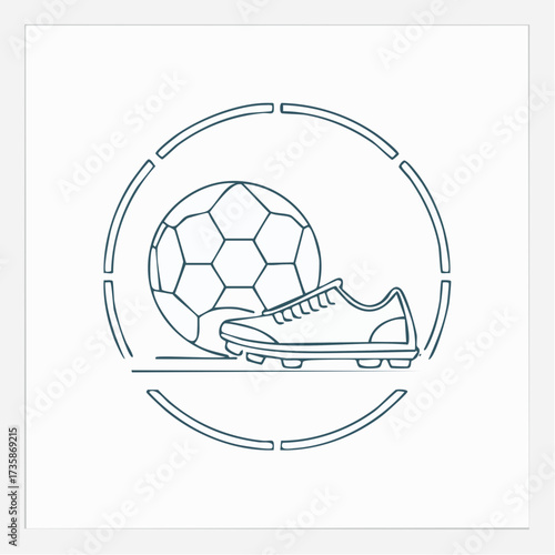 A minimalist line art illustration of a soccer ball and a cleat inside a circular frame, symbolizing the sport.