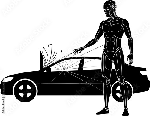 automatons hand touches broken car, symbolizing future safety concerns