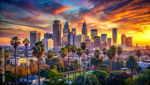 Vibrant los angeles skyline at sunset capturing iconic cityscape with palm trees and dramatic colorful skies
