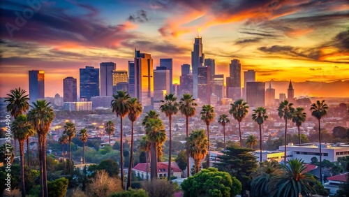 Vibrant los angeles skyline at sunset palm trees colorful sky urban cityscape iconic architecture beautiful dusk ambiance