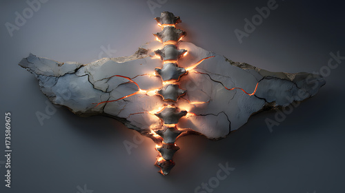 A sculptural representation of a human spine made of cracked stone with five points of intense pressure glowing warmly.