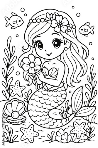 Charming mermaid holding flower in underwater scene with sea life art
