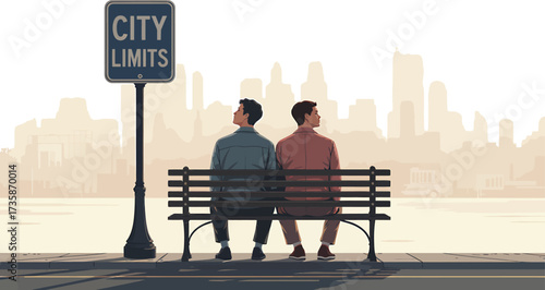 Two Men Sitting on Park Bench with Cityscape Silhouette. Relaxing in City Park