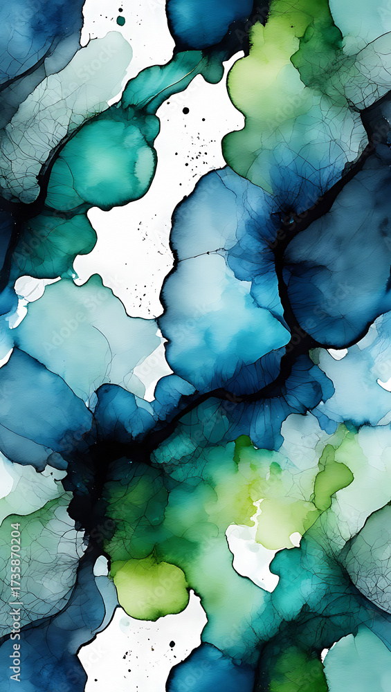 Fototapeta premium Abstract blue green watercolor ink blobs organic shapes flowing texture pattern background
