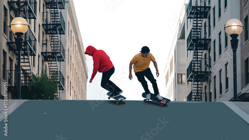 Skaters Descending City Street Illustration Extreme Sport Youth Culture Design