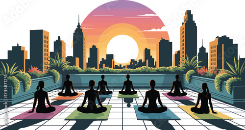 Yoga Illustration With Sunset Background City Rooftop Meditating People