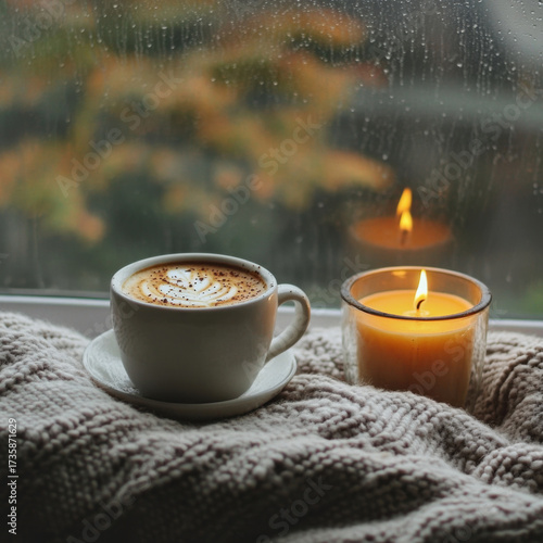 Cozy cup of pumpkin spice latte by candlelight on rainy day