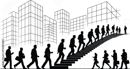 Business People Walking Up Stairs With Buildings Isolated On Transparent Background