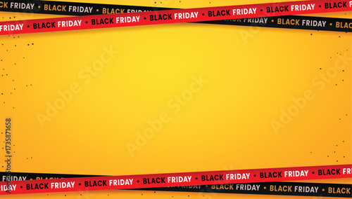 Black Friday background with red and black ribbons on yellow template, perfect for sale promotions.