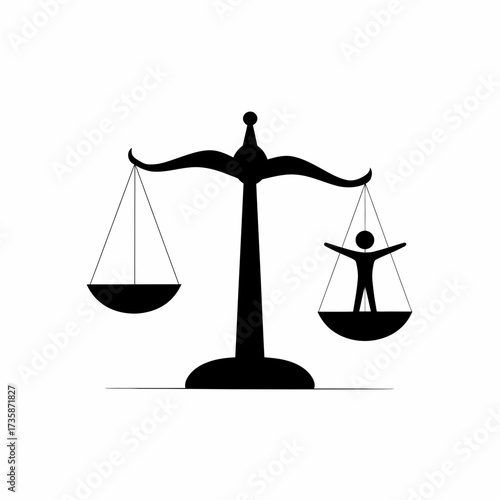 Black and white silhouette illustration of a balanced scale with a human figure representing justice and equality silhouette