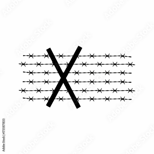 Black and white vector illustration of barbed wire crossed out symbol scalable graphic design icon silhouette