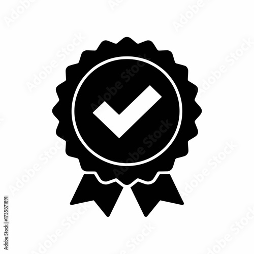 Black and white vector illustration of a certified approval badge with a checkmark icon scalable eps silhouette