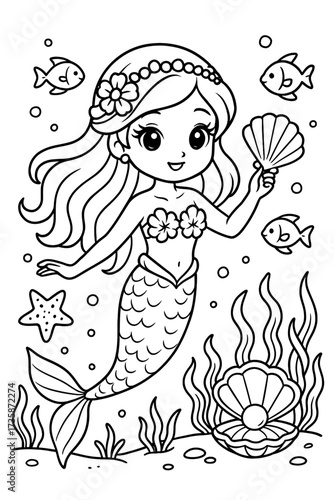 Charming mermaid with seashell illustration for children's coloring book