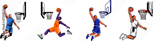 A collection of basketball players in action, showcasing athletic skill with slam dunks, representing the excitement and energy of the sport with hoops.
