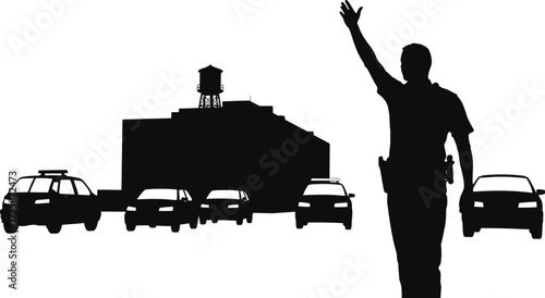 Silhouette Police Officer Directing Traffic Cars Building Water Tower Urban Scene Vector