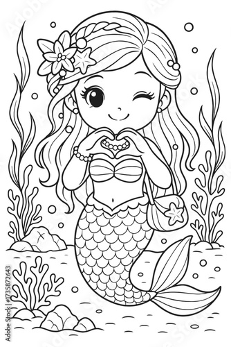 Cute cartoon mermaid winking and making a heart shape with her hands vector