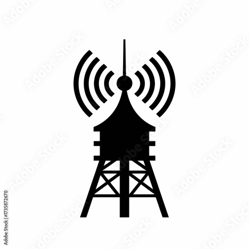 Black and white vector illustration of a radio transmission tower scalable eps icon for communication networks silhouette