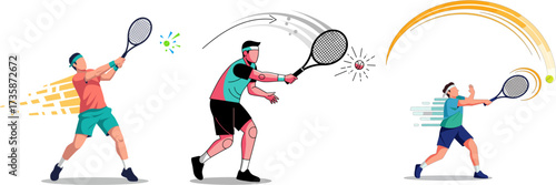 Dynamic illustration showcases tennis players in action, depicting the serve, forehand, and backhand strokes with vibrant colors and energetic movement.