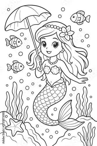 Cute mermaid holding umbrella with marine life vector illustration outline